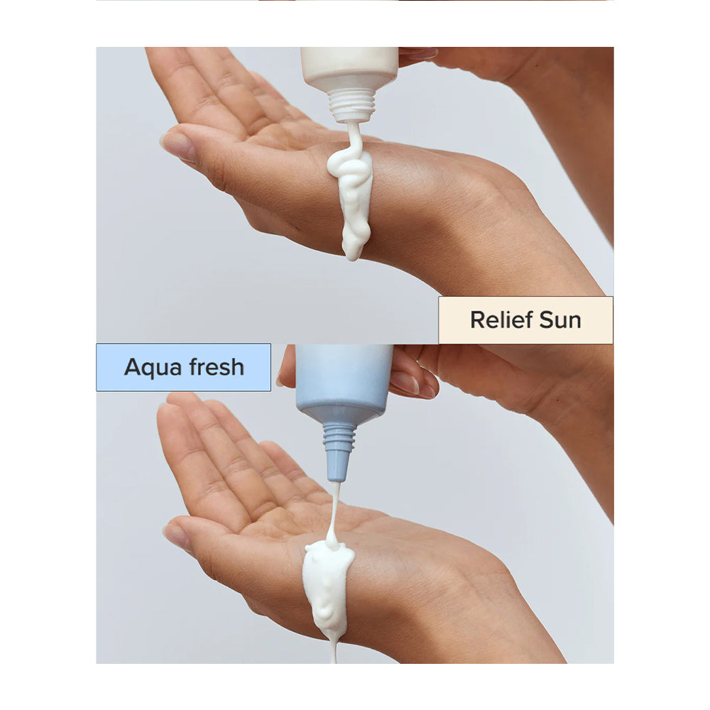 Two-panel product demonstration showing a sunscreen cream being squeezed onto the back of hands. The top panel shows a white squeeze bottle dispensing thick white cream labeled &