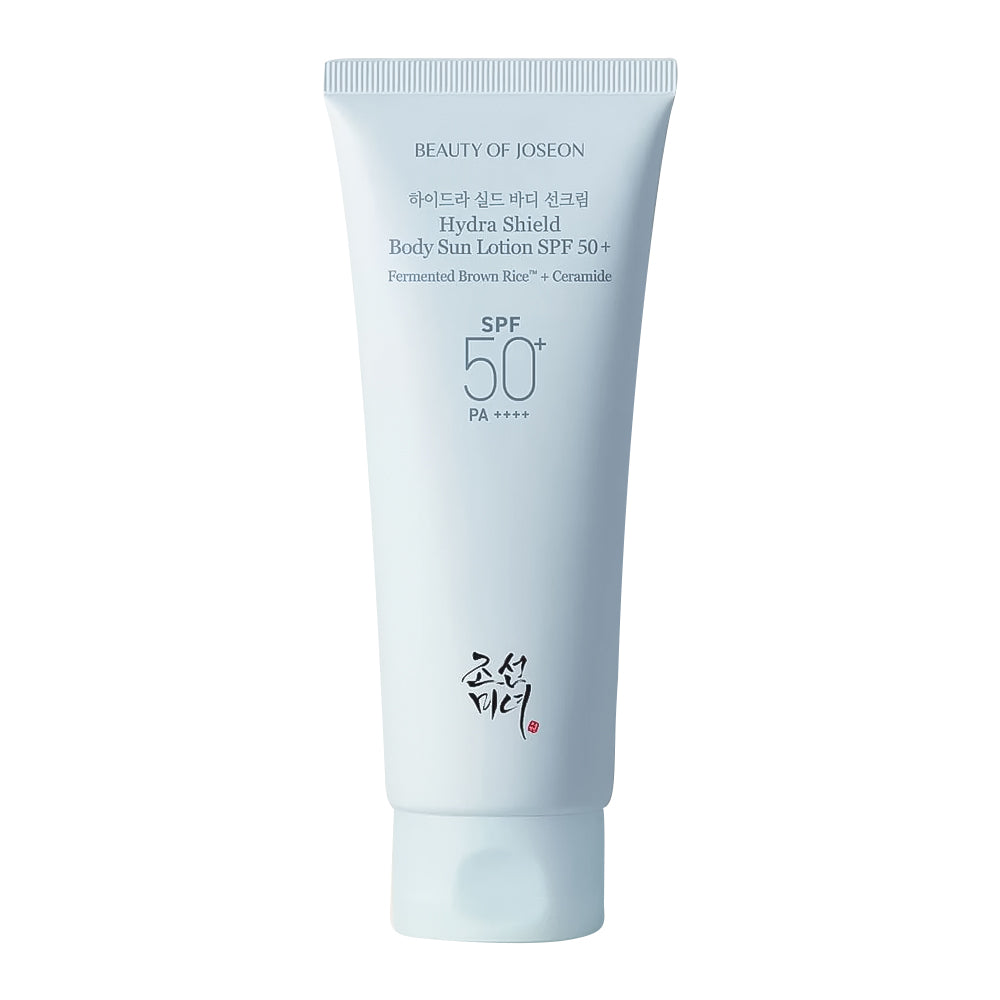 A light blue tube of JOSEON Beauty of Joseon Hydra Shield Body Sun Lotion SPF 50+ with black and red text, set against a plain white background.