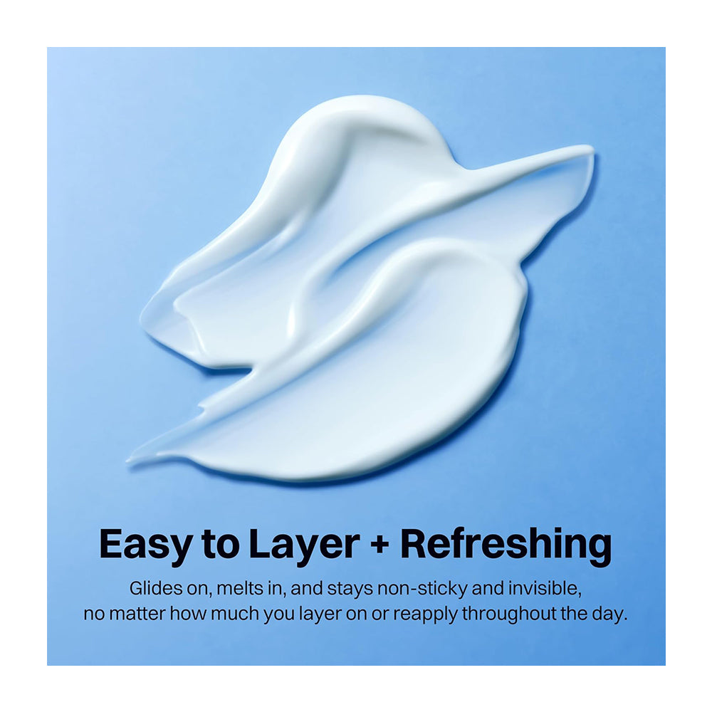 A blue promotional graphic showing a glossy white cream smear with text reading &