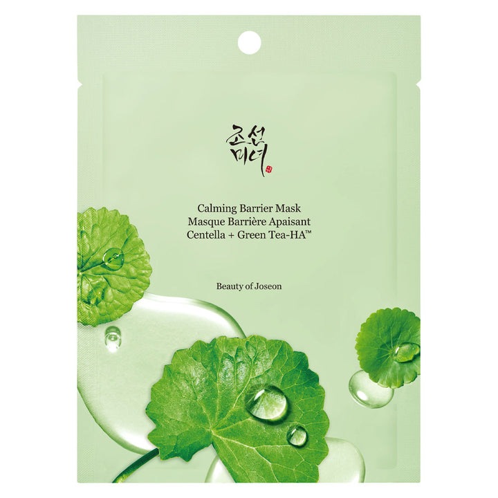 Beauty of Joseon Calming Barrier Mask in a light green resealable pouch with green leaf and water droplet illustrations, featuring the brand name and product name in English and French.