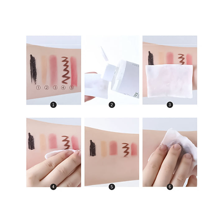 A six-step instructional collage showing how to apply and remove a makeup product on human skin. Step 1 displays six cosmetic swatches (black, pink, nude, and reddish-brown) drawn on an arm.