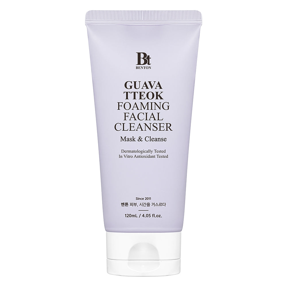 Benton Guava Tteok Foaming Facial Cleanser in a light lavender squeeze tube with a white flip-top cap, shown on a plain white background.