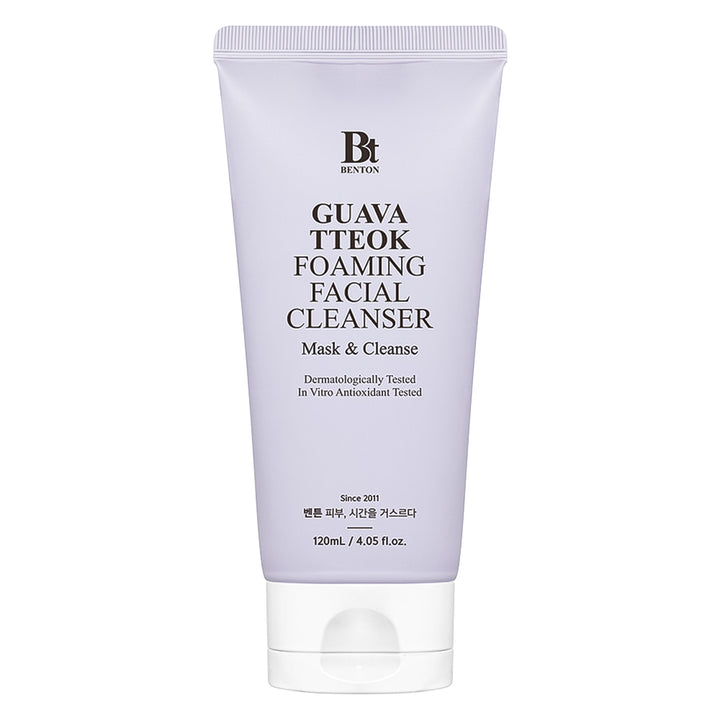 Benton Guava Tteok Foaming Facial Cleanser in a light lavender squeeze tube with a white flip-top cap, shown on a plain white background.