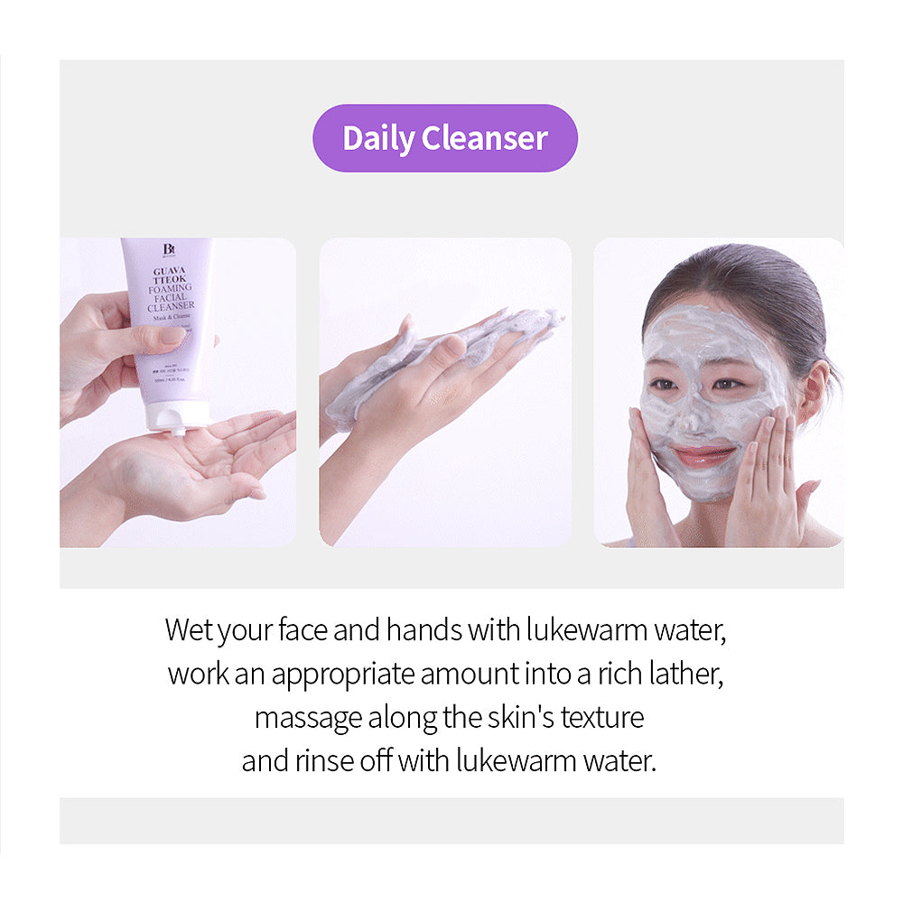 Instructional graphic for a daily cleanser showing three panels: a hand holding a white cleanser tube, a hand applying cream-colored cleanser foam, and a woman washing her face. Text below reads, &