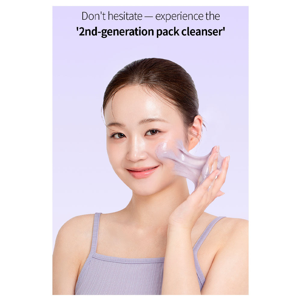 A woman with her hair pulled back wears a lavender ribbed tank top and applies a translucent purple cleanser gel to her cheek against a light lavender background with promotional text at the top.