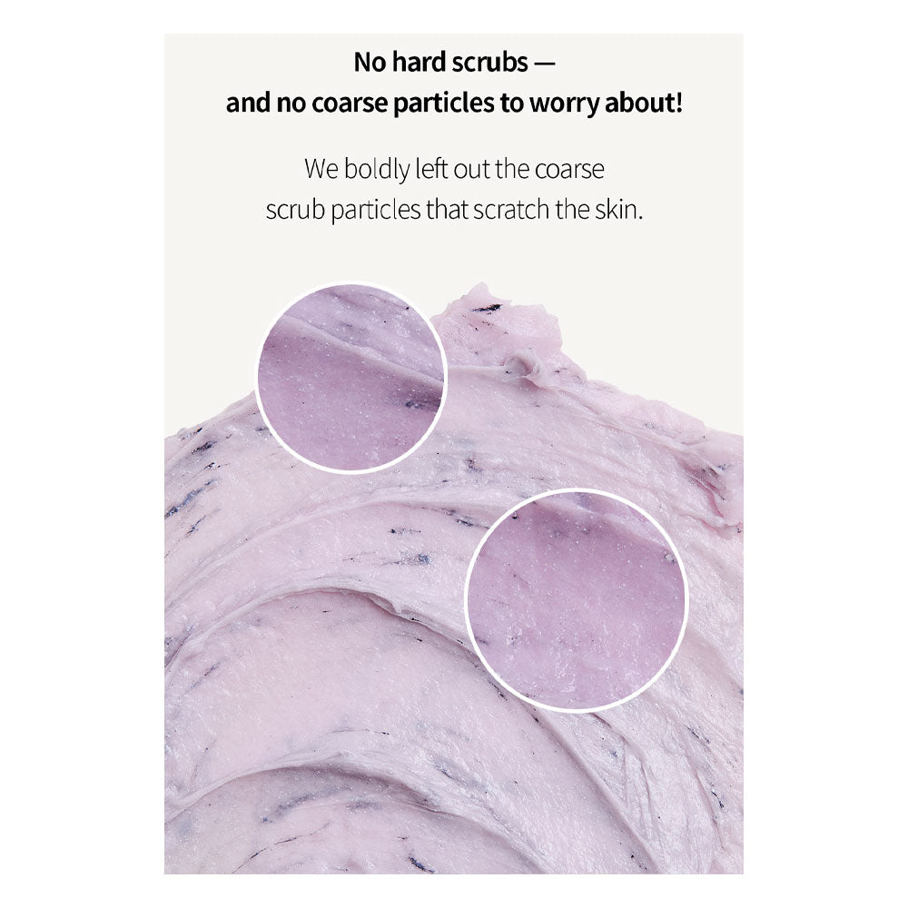 A close-up of a pale pink creamy scrub with two circular inset detail views, accompanied by marketing text that says no hard scrubs and no coarse particles to worry about.