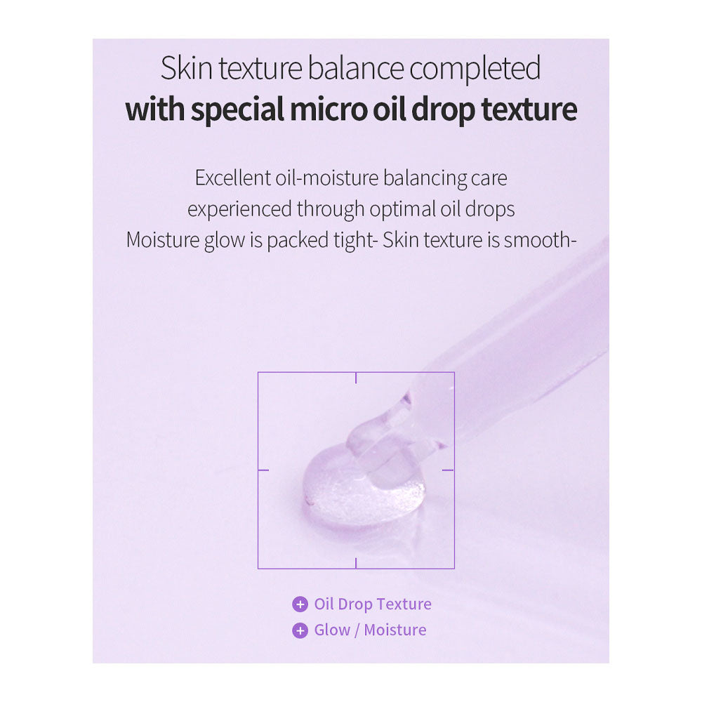 A light purple informational graphic with text about skin texture balance and special micro oil drop texture, plus a small inset showing a glossy oil drop and a list of benefits.