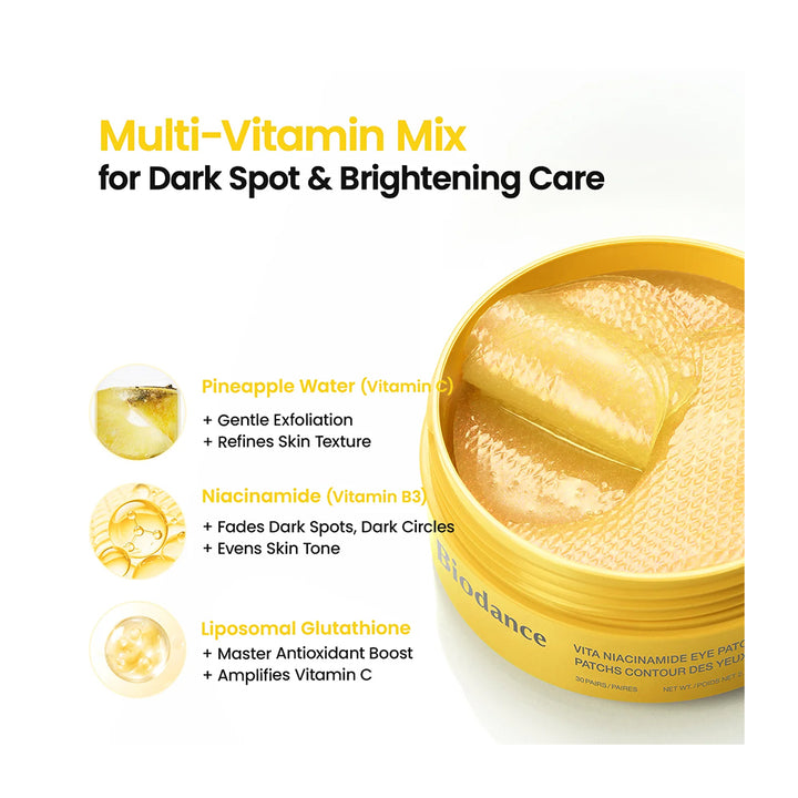 A round gold jar of eye cream shown open on a white background, with text highlighting a multi-vitamin mix for dark spot and brightening care. Callouts mention pineapple water, niacinamide, and liposomal glutathione with small inset ingredient visuals.
