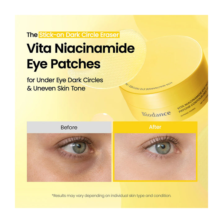 Biodance Vita Niacinamide Eye Patches ad showing a yellow jar, a single peel-away patch, and before/after eye photos demonstrating under-eye dark circle reduction.