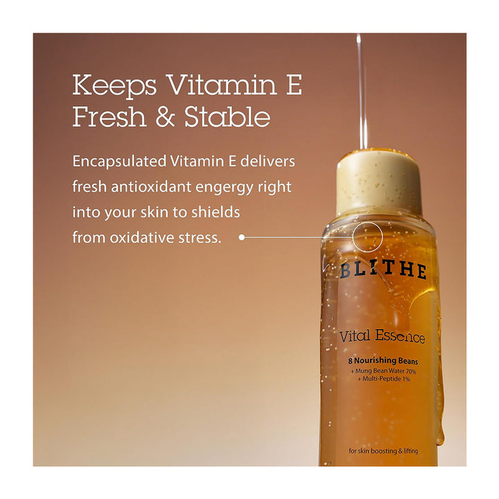 A bottle of BLITHE Vital Essence moisturizer shown on a warm brown gradient background with marketing text. The bottle contains an amber-orange liquid and has a beige cap with a clear applicator tip.