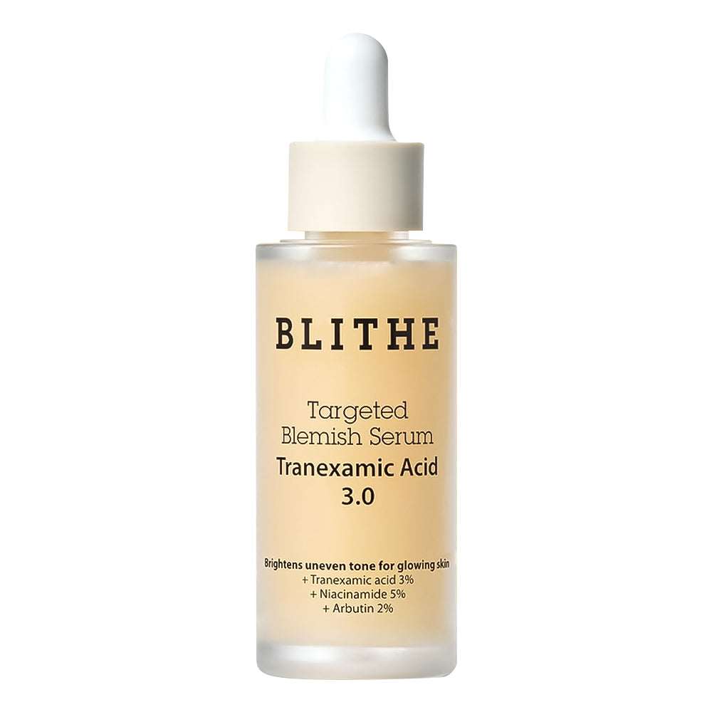 BLITHE Targeted Blemish Serum Tranexamic Acid 3.0 in a clear glass dropper bottle with a cream-colored cap and label, set against a plain white background.