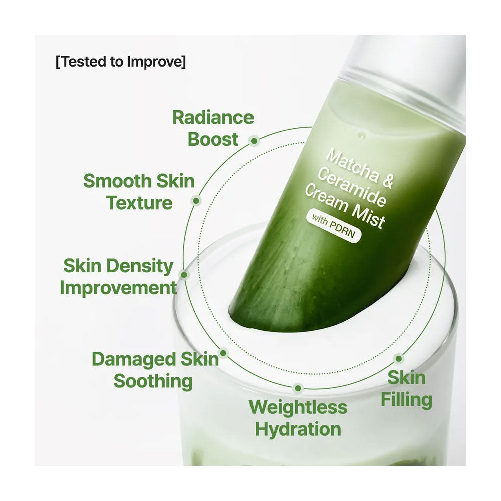Green cream mist bottle with text highlighting skin benefits on a white background