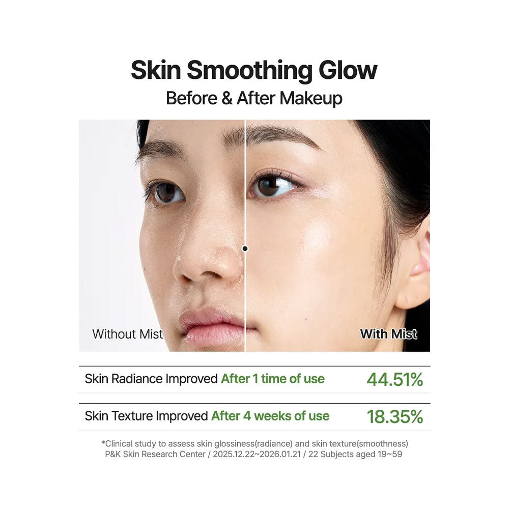 Before and after makeup comparison of skin smoothing effect with text on a white background