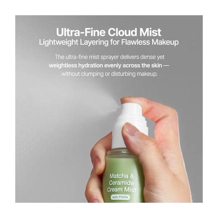 Hand holding a bottle of Matcha &amp; Ceramide Cream Mist with text about its use.