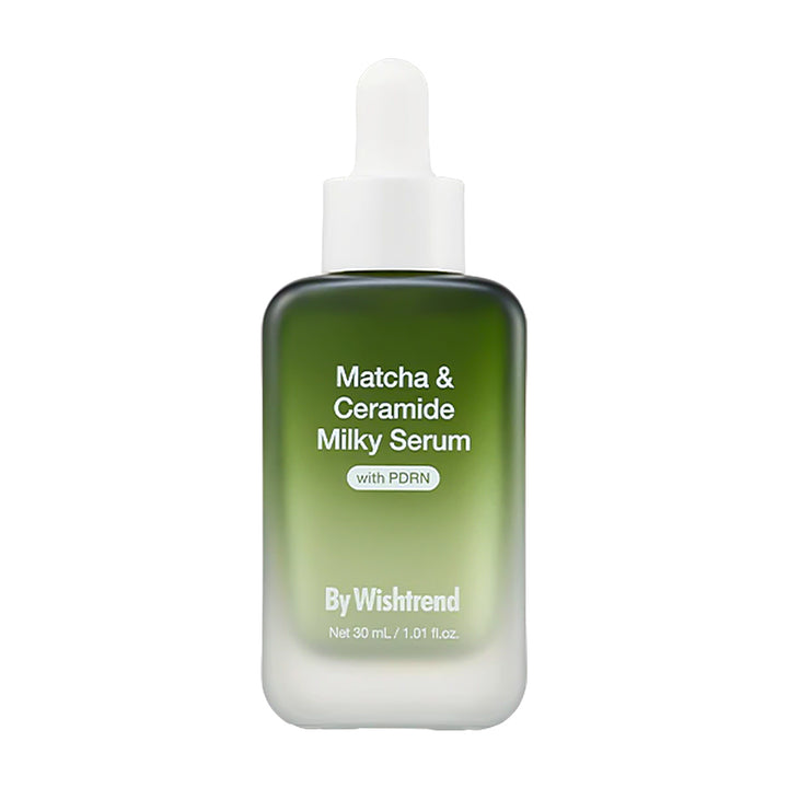 Matcha &amp; Ceramide Milky Serum bottle by By Wishtrend on a white background