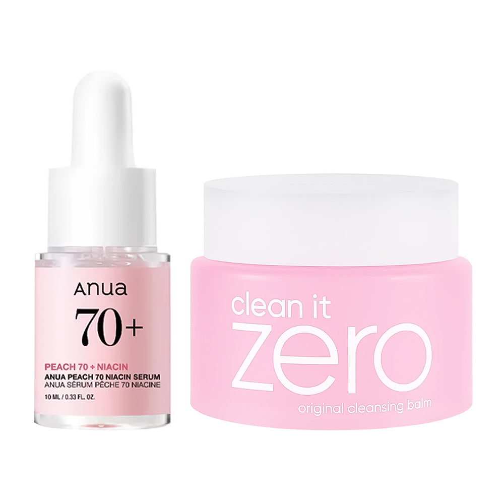 Banila Co Original Cleansing Balm 7ml + Anua Peqch 70 + Niacin Serum 10ml in white background