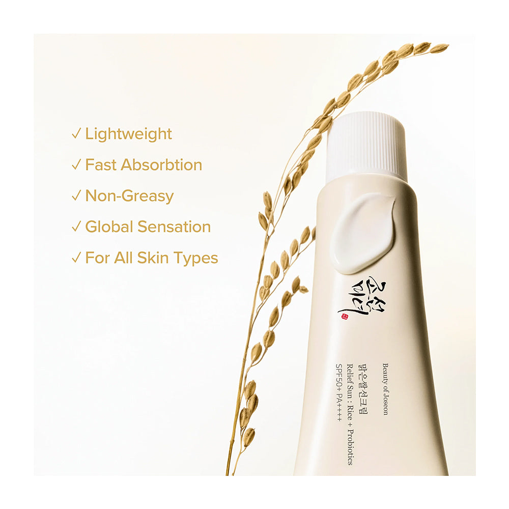 Beauty of Joseon Relief Sun: Rice + Probiotics SPF 50+ PA ++++ - Peaches&amp;Creme Shop Korean Skincare Malta
