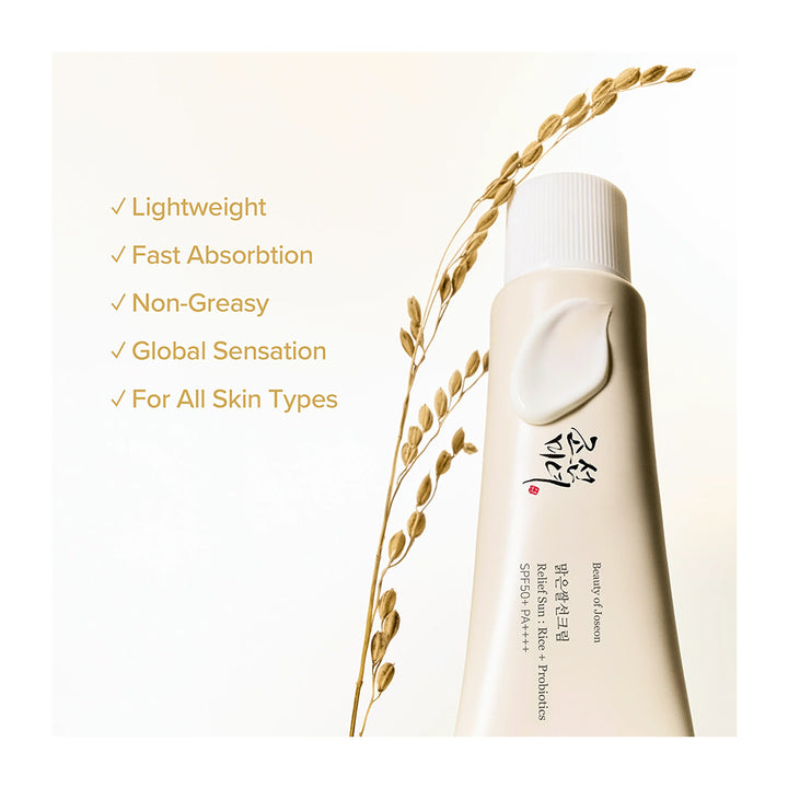 Beauty of Joseon Relief Sun: Rice + Probiotics SPF 50+ PA ++++ - Peaches&amp;Creme Shop Korean Skincare Malta
