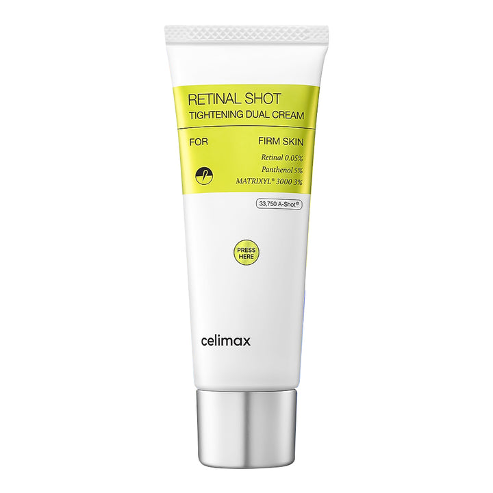 A white squeeze tube of celimax Retinal Shot Tightening Dual Cream with a bright yellow-green label band and a metallic silver cap, shown on a plain white background.