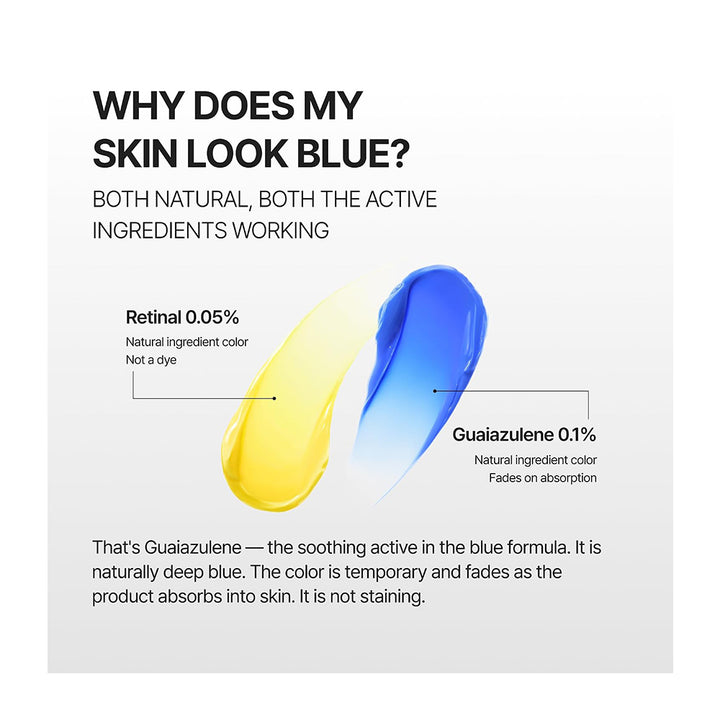 An informational graphic explaining skin blue tones, featuring two glossy formula swatches on a light gray background. The left swatch is yellow with text reading Retinal 0.