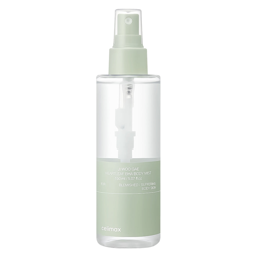 A clear plastic spray bottle of Celimax Heartleaf BHA Body Mist with a pale sage green pump and a matching light green label band, shown on a solid white background.