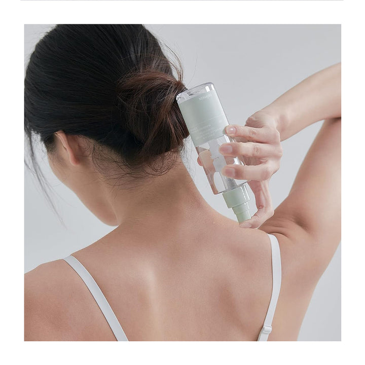 A woman shown from behind with her hair in a bun, holding a clear cylindrical pump bottle against her neck and upper shoulder. She is wearing a white spaghetti-strap top against a plain light gray studio background.