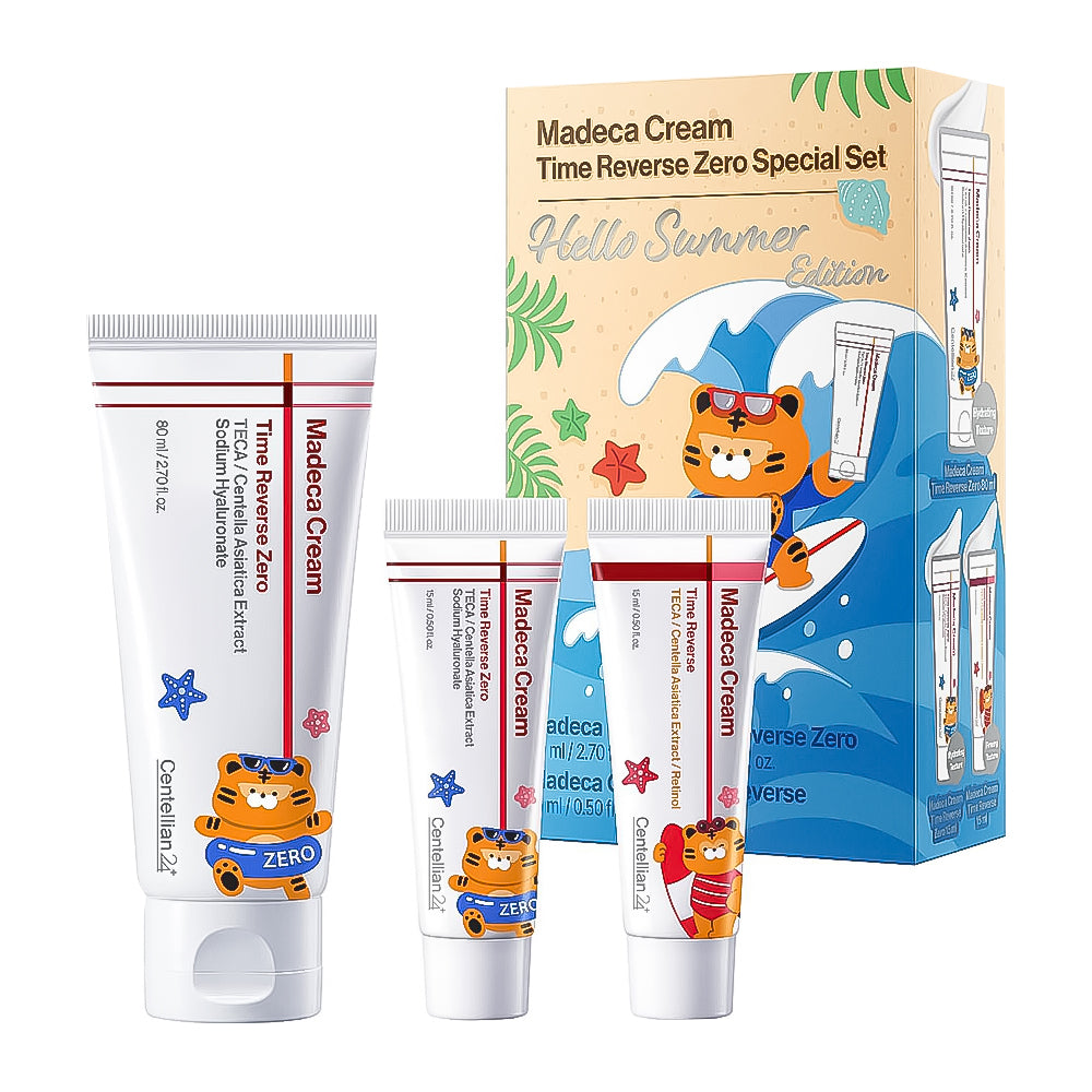Madeca Cream Time Reverse Zero special set featuring three white tubes with colorful cartoon tiger illustrations and a matching illustrated retail box on a plain white background.