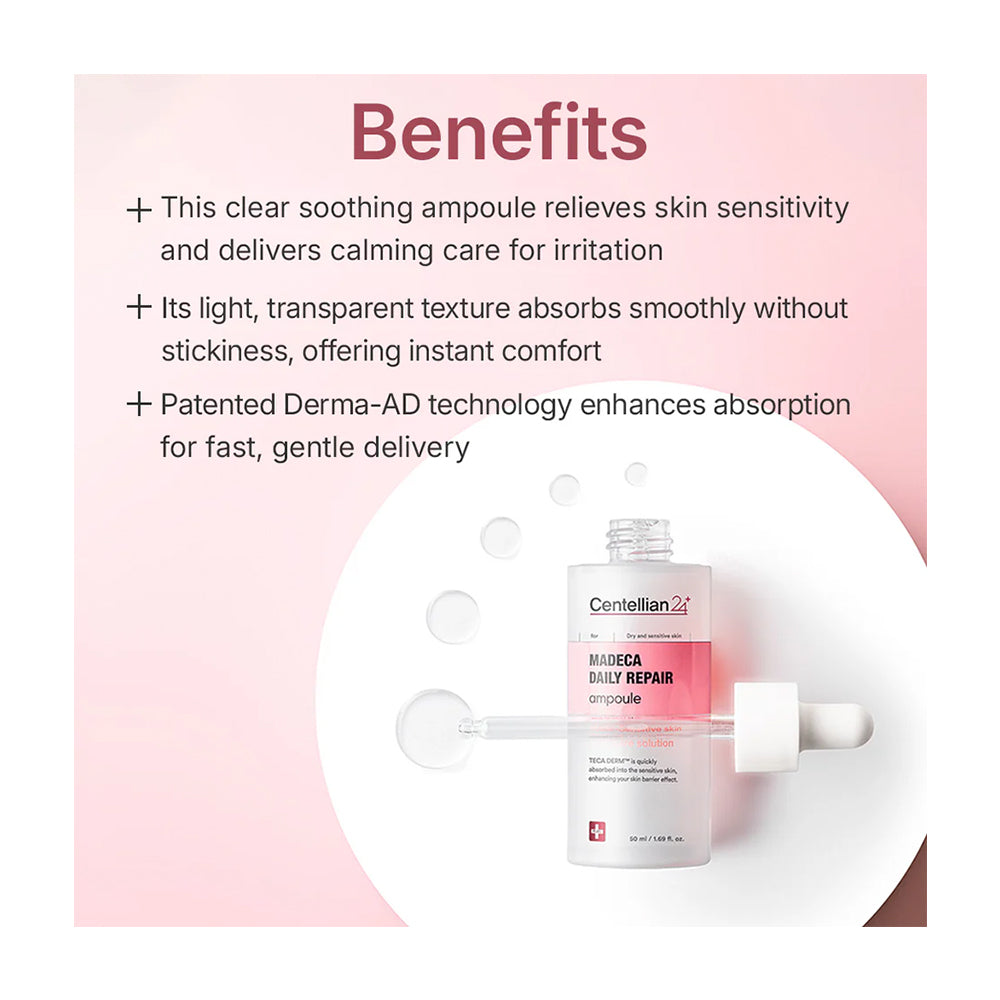 A skincare ampoule bottle labeled Centellian BIOMED Daily Repair Ampoule, shown with a dropper on a soft pink graphic background with benefit text above.