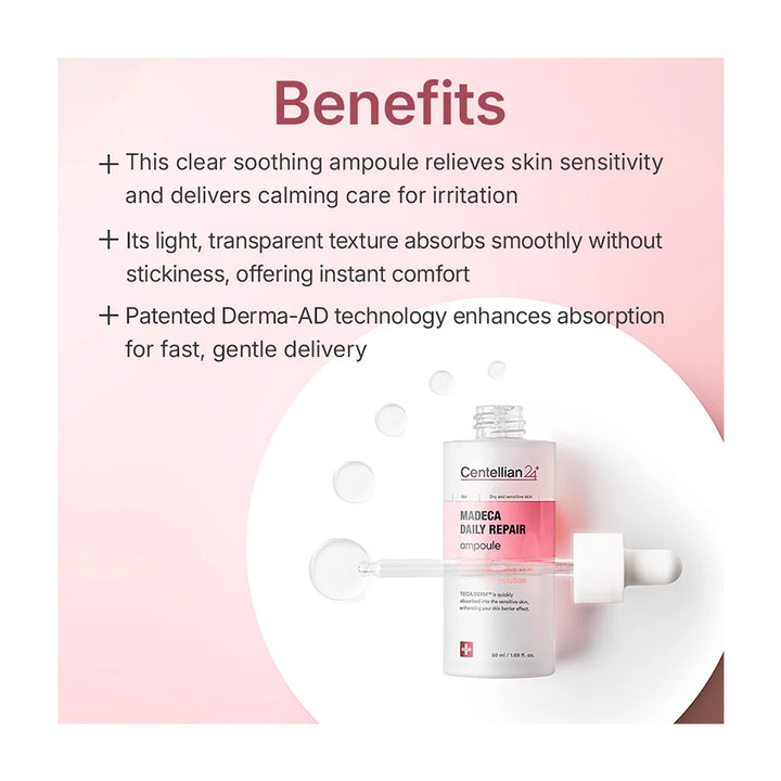 A skincare ampoule bottle labeled Centellian BIOMED Daily Repair Ampoule, shown with a dropper on a soft pink graphic background with benefit text above.