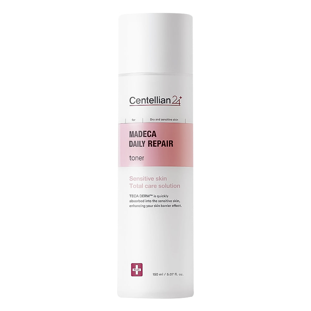 A white cylindrical bottle of Centellian 24+ Madeca Daily Repair Toner with a pink label band, shown on a plain white background.