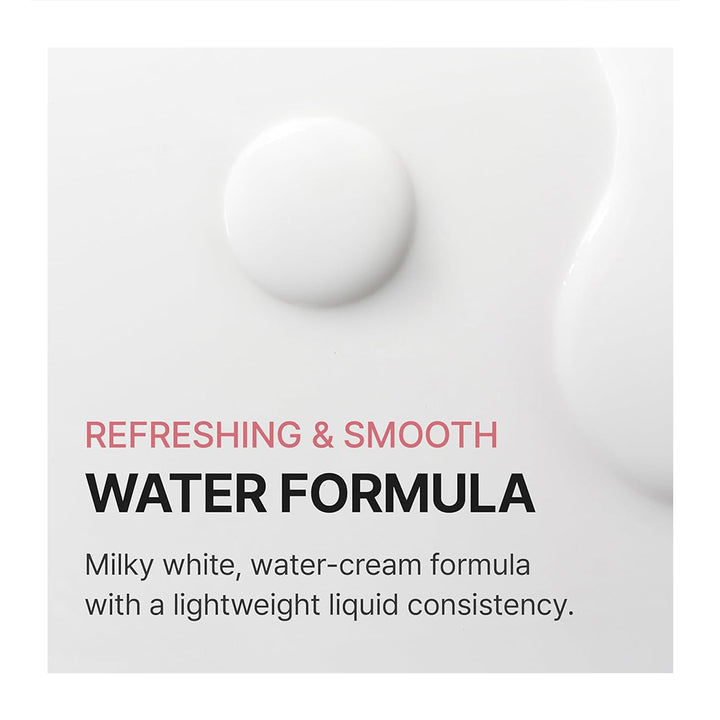 A close-up product graphic showing a glossy white cream droplet on a white background with text reading &