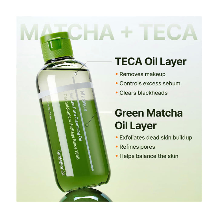 A clear bottle of Greenbelling 24 Tea Tree Cleansing Oil with a green cap and green label accents, shown on a pale gradient background with callout text describing the TECA Oil Layer and Green Matcha Oil Layer.