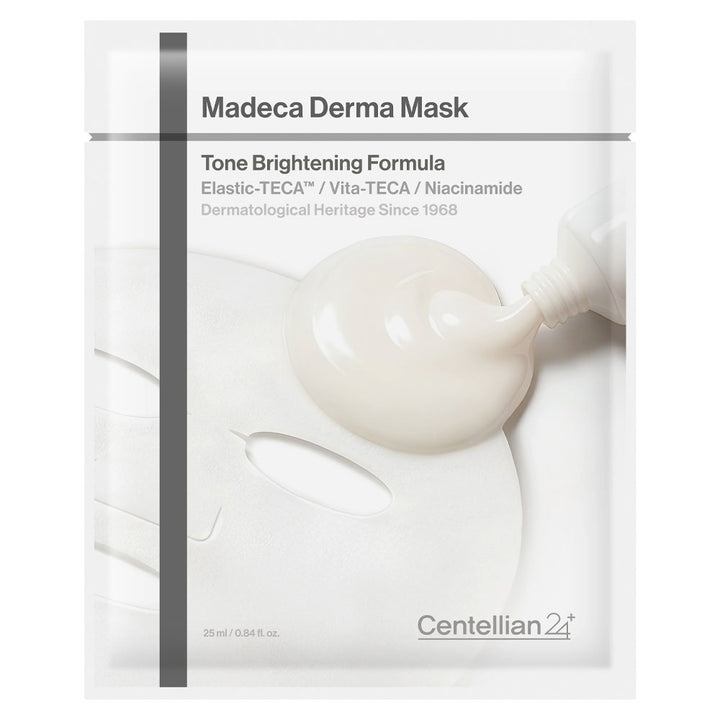 Centellian 24 Madeca Derma Mask Tone Brightening Formula in a white and gray sachet package, featuring a graphic of a thick cream being poured onto a sheet mask.