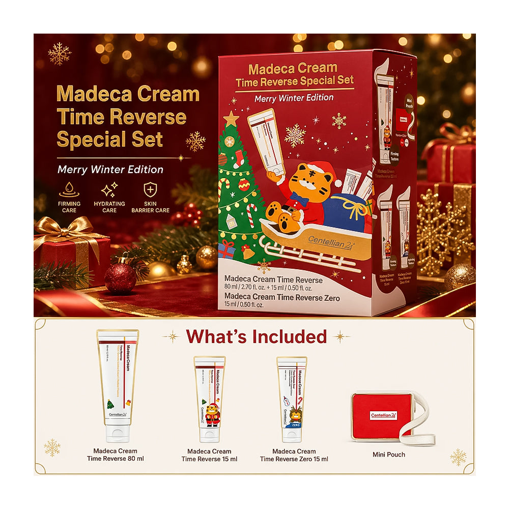 Madeca Cream Time Reverse Special Set Merry Winter Edition skincare set shown in a festive holiday-themed promotional graphic. The image includes the red and green product box, three tubes of cream (80 ml, 15 ml, and 15 ml), and a small red mini pouch, with text detailing what is included.