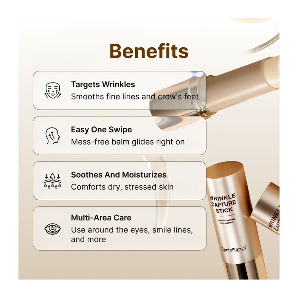 Cosmetic stick with benefits listed on a beige background