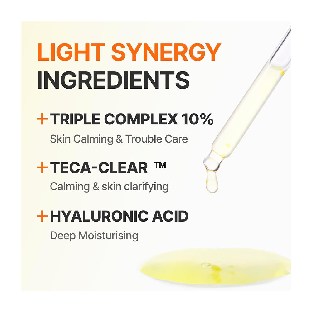 Light Synergy Ingredients with dropper and text on a white background