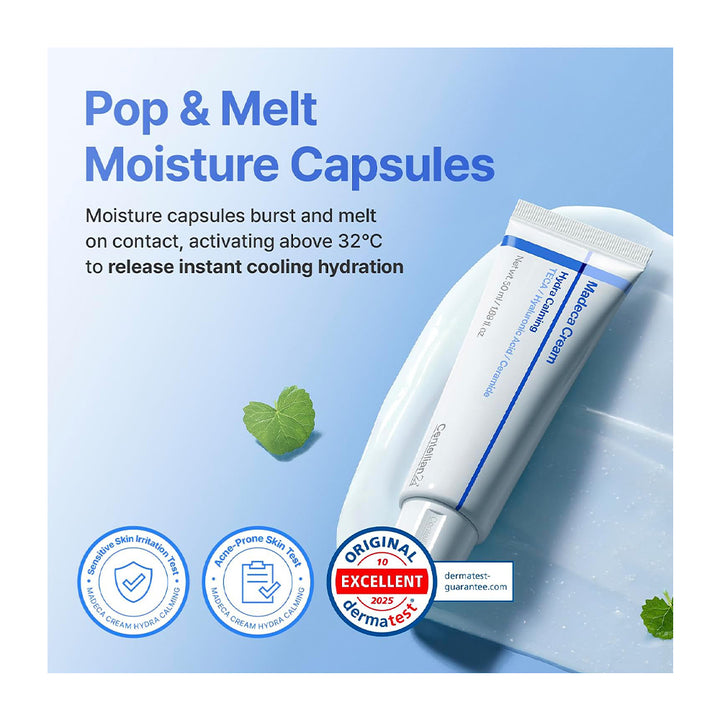 Pop &amp; Melt Moisture Capsules packaging with a tube of cream on a blue background