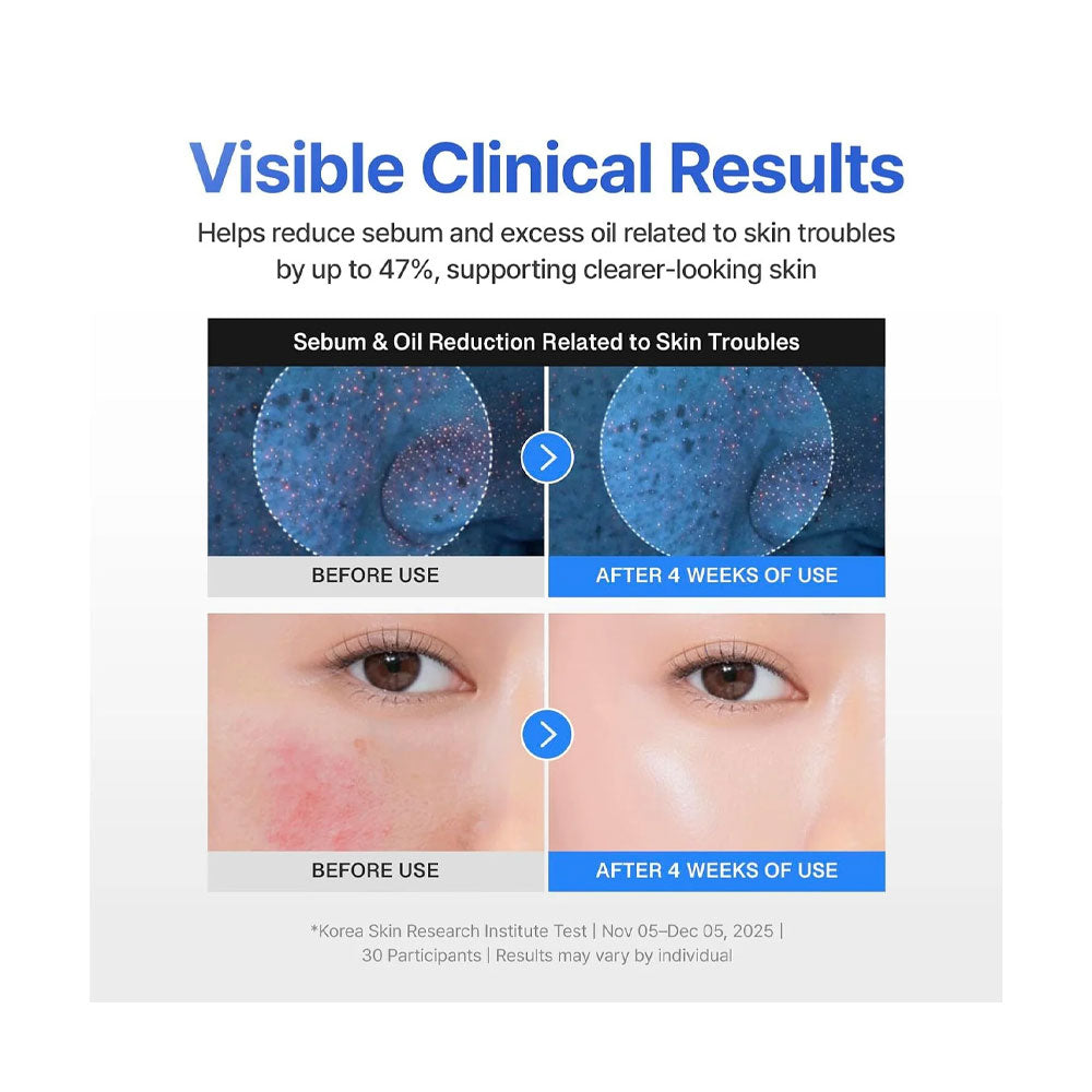 Advertisement showing visible clinical results of a skincare product with before and after images.