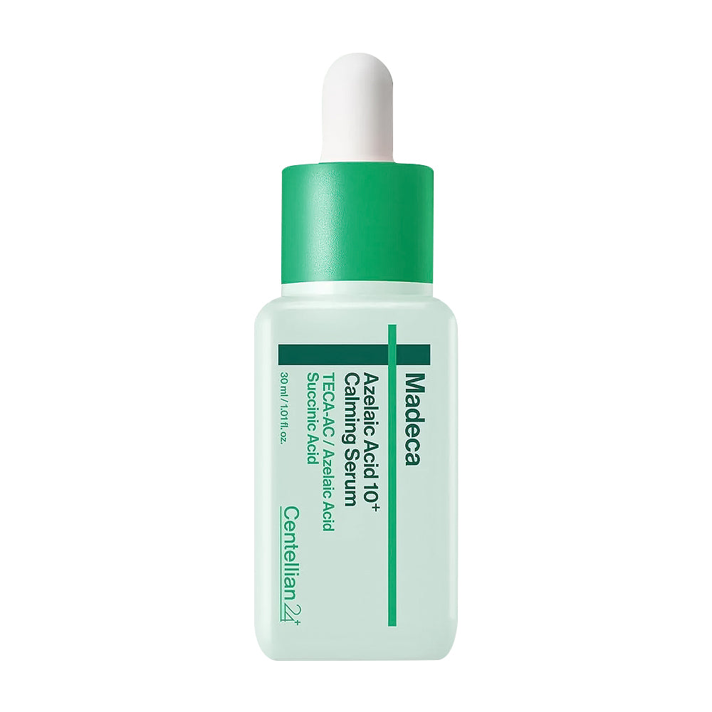 Skincare serum bottle with green cap and label on a white background