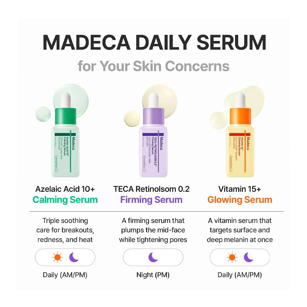 Three skincare serum bottles with labels and descriptions on a white background