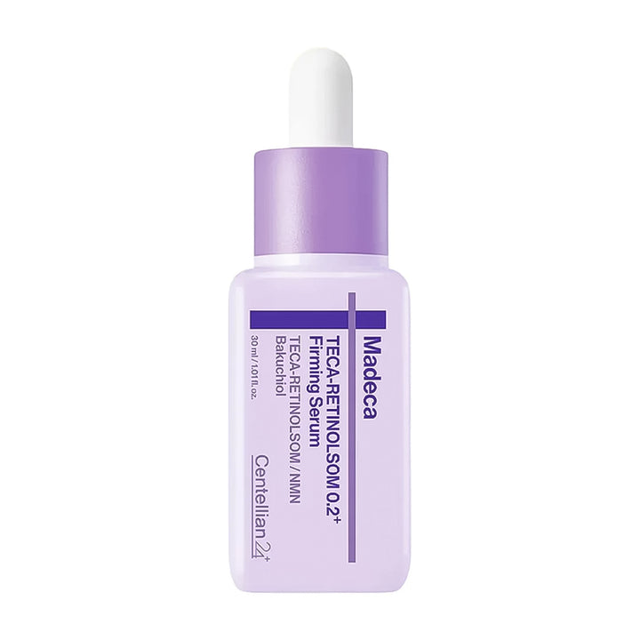 Skincare serum bottle with purple cap and label on a white background