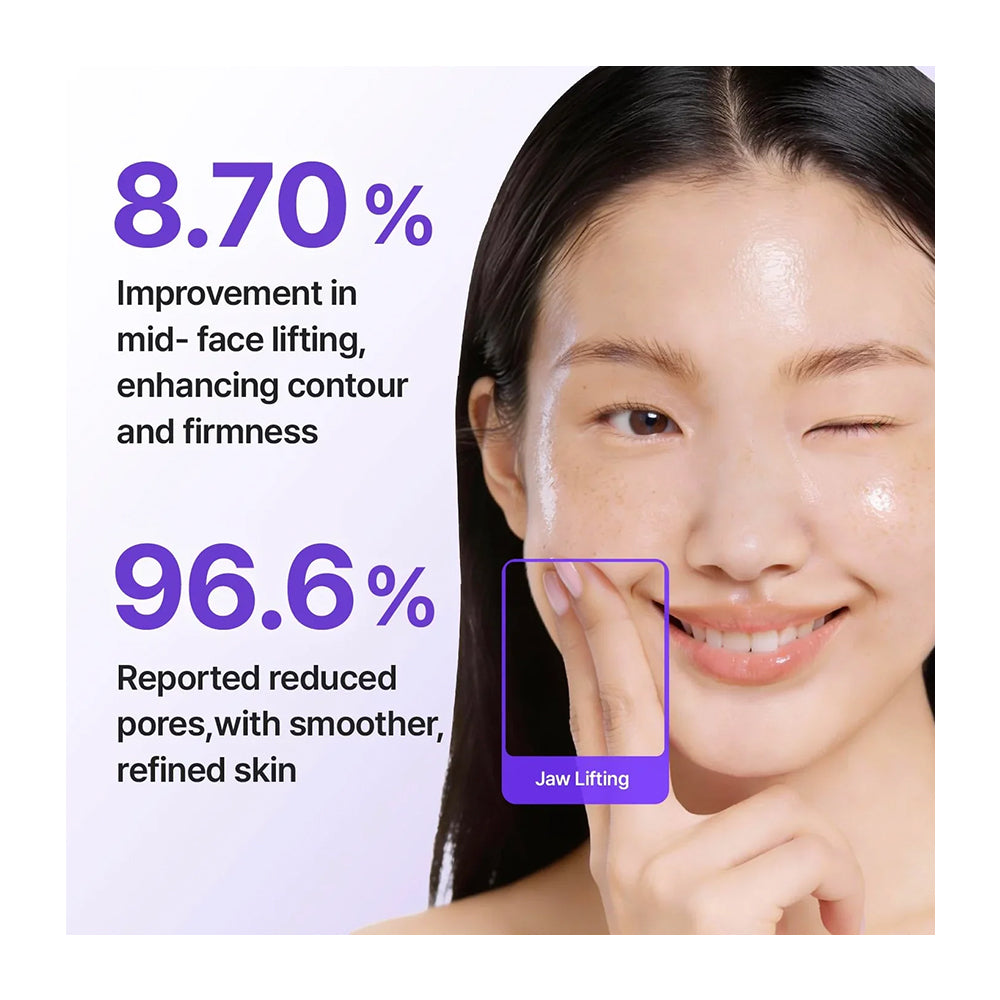 Woman with smooth skin and text highlighting skincare improvements