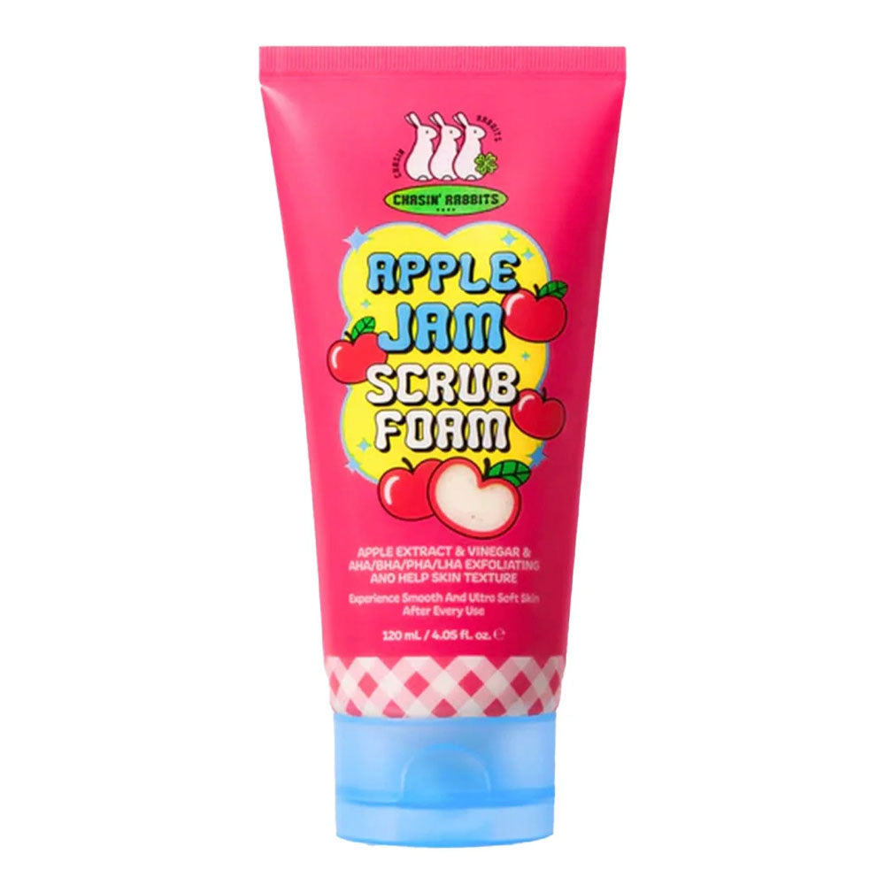 Pink tube of Apple Jam Scrub Foam with cartoon characters on a white background