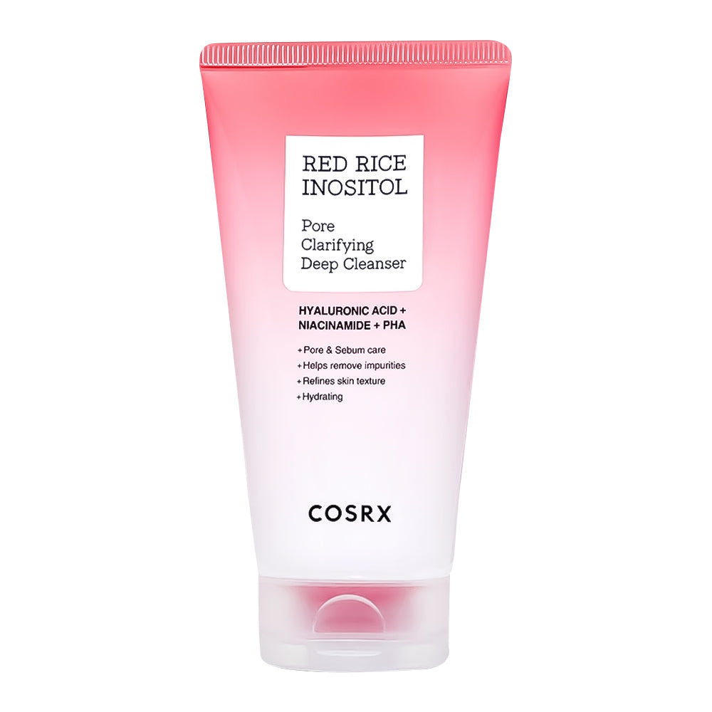 COSRX Red Rice Inositol Pore Clarifying Deep Cleanser in a pink-to-white gradient squeeze tube, shown on a solid white background.