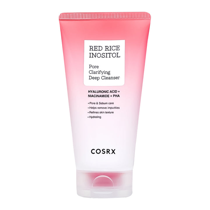 COSRX Red Rice Inositol Pore Clarifying Deep Cleanser in a pink-to-white gradient squeeze tube, shown on a solid white background.