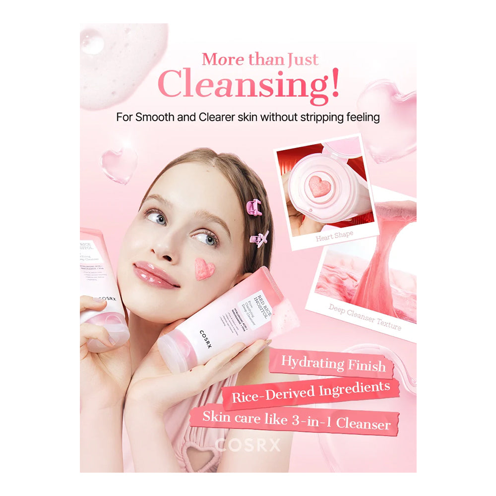 A pink promotional skincare graphic for COSRX. It features a young girl with pink makeup holding a pink COSRX cleansing tube, alongside inset images showing the product packaging and texture.