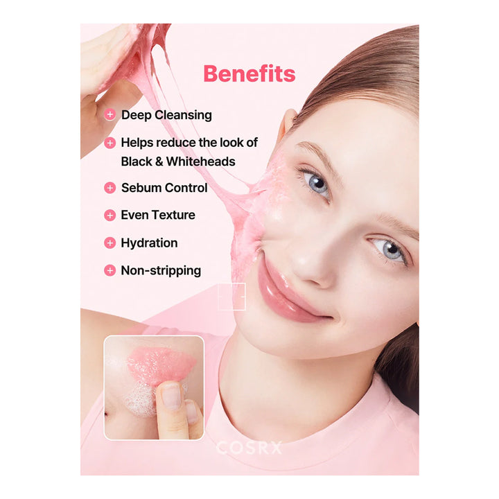 A beauty benefits graphic for COSRX skin care, featuring a smiling woman with a pink cleansing mask on her face, a hand stretching the mask, and a small inset showing a finger applying the mask. Text lists benefits including deep cleansing, sebum control, even texture, hydration, and non-stripping.