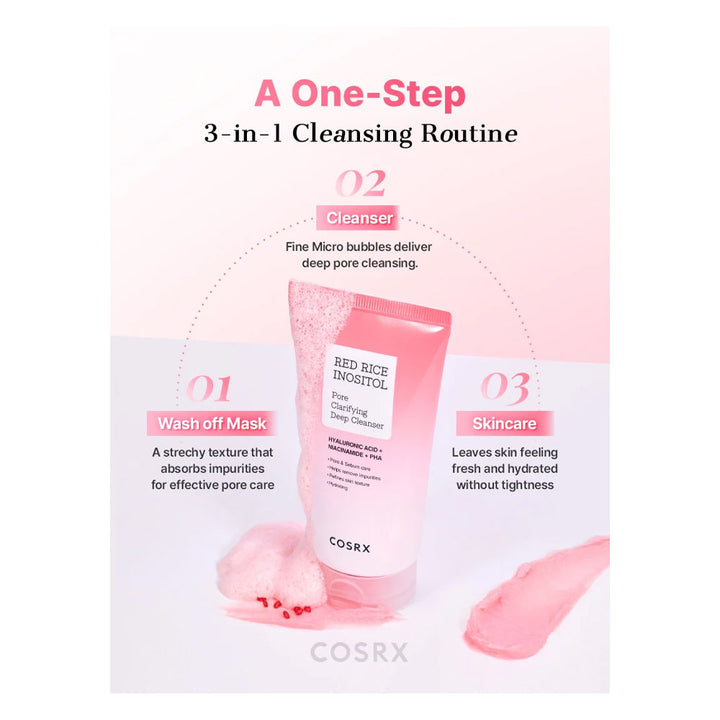 A pink tube of COSRX Red Rice Holographic Cleanser is shown on a light pink and white background with three numbered callouts explaining a one-step 3-in-1 cleansing routine: wash off mask, cleanser, and skincare.