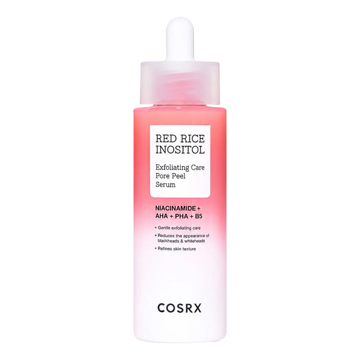 COSRX Red Rice Inositol Exfoliating Care Pore Peel Serum in a frosted bottle with a pink-to-white gradient and a white dropper cap, on a white background.