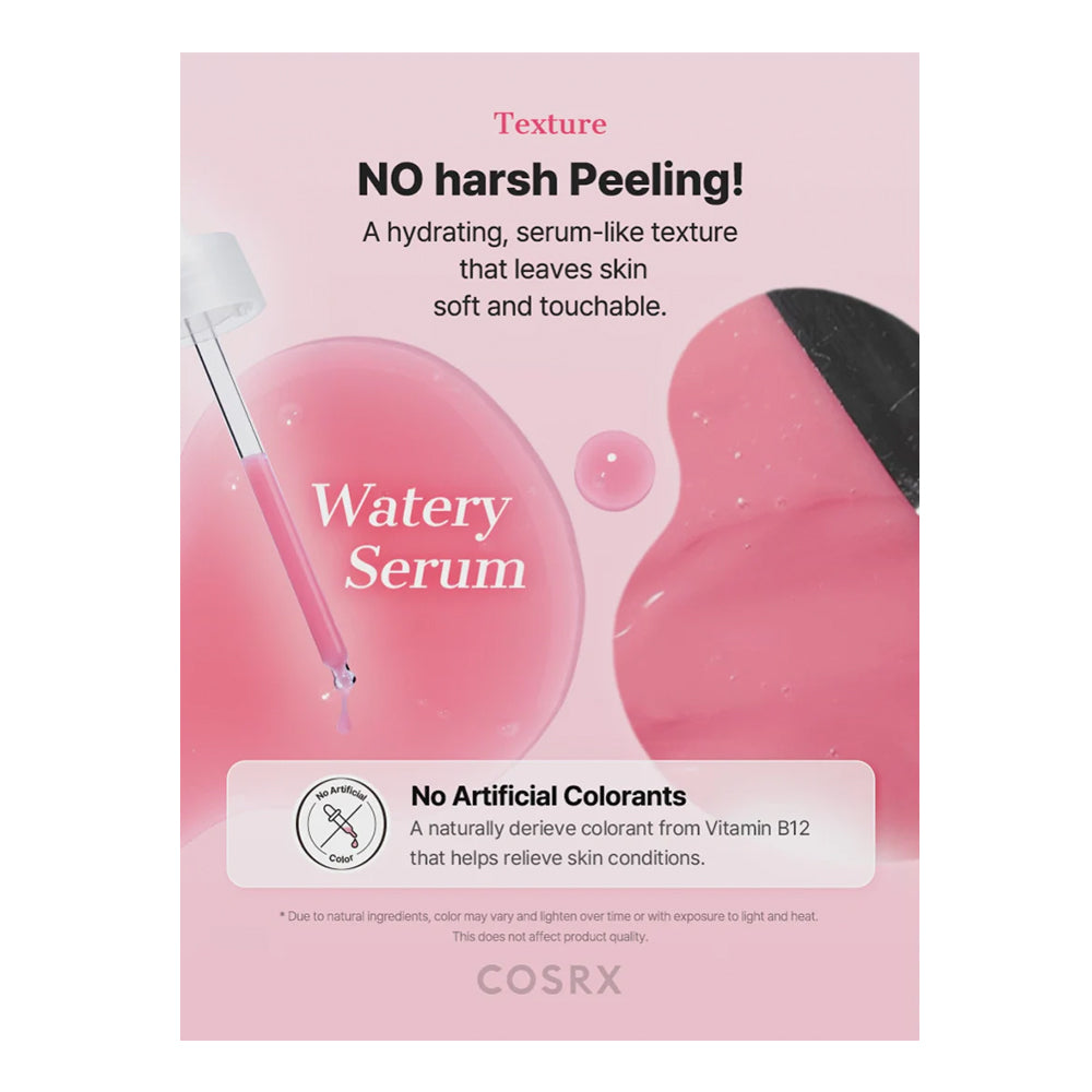 A pink cosmetic packaging graphic for COSRX Watery Serum, featuring text about hydrating, serum-like texture and no harsh peeling, with a dropper and pink liquid droplet illustration.